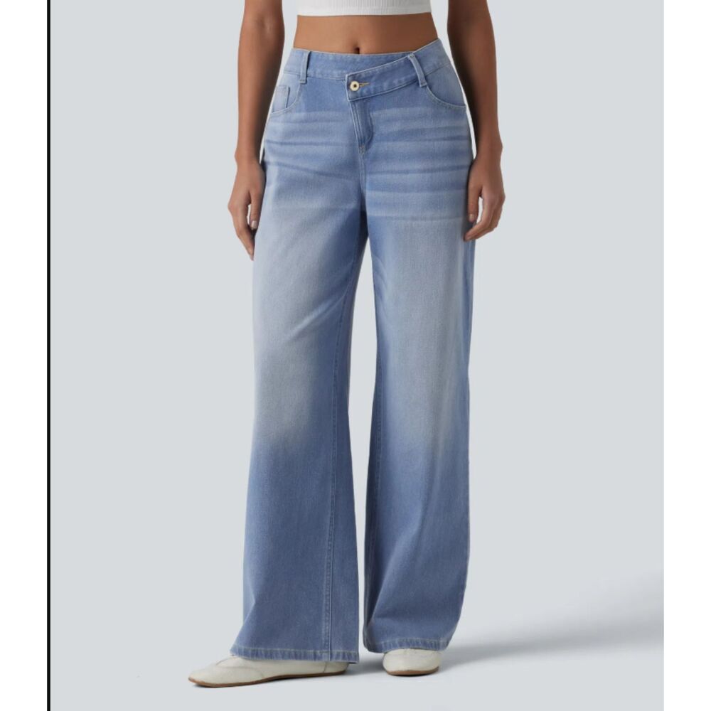 Halara Flex Asymmetric Criss Cross Waist Mid Rise Wide Leg Baggy Casual Jeans M